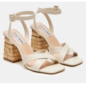 Steve Madden Renley Raffia Block Heel Ankle Strap Sandals Bone Size 11 Prom 3.5"